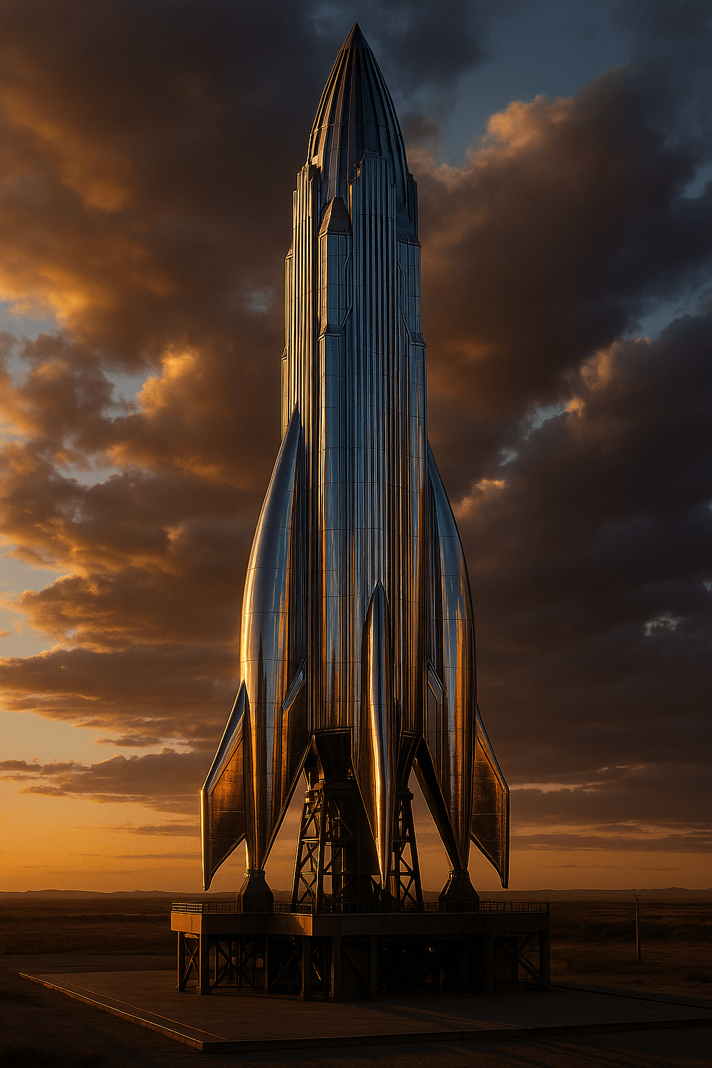 A photorealistic, Art Deco-style rocket on a launchpad at sunset, generated from the provided test prompt.